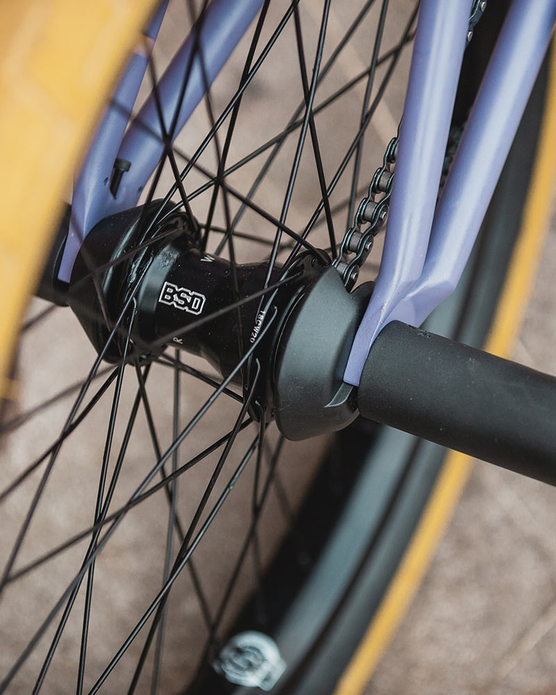 Westcoaster rear hub built into an Aero Pro rim with Jersey Barrier hubguards and Rude Tube LT pegs.