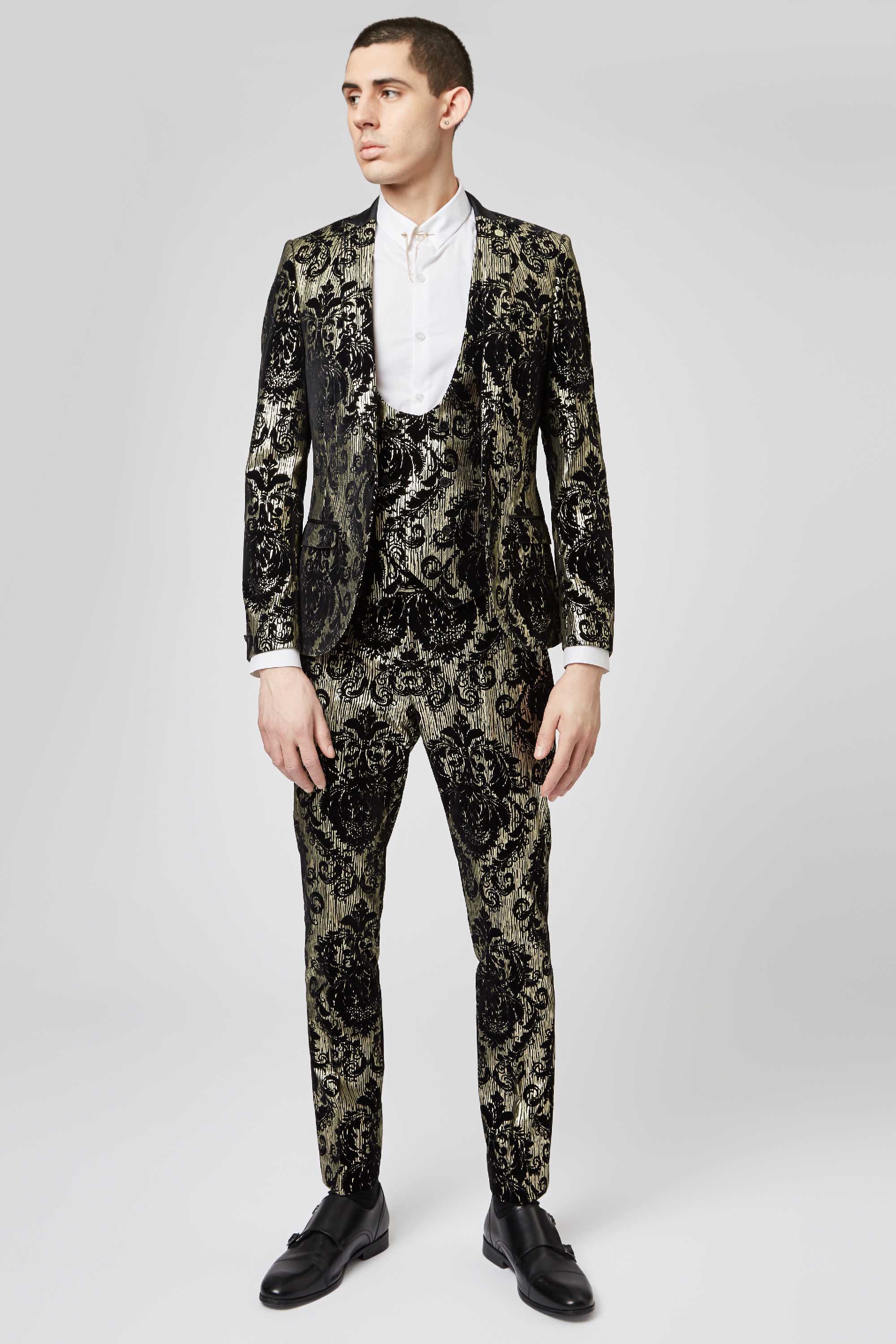 PRYOR SKINNY FIT BLACK SUIT JACKET WITH BAROQUE FLOCK AND FOIL PRINT