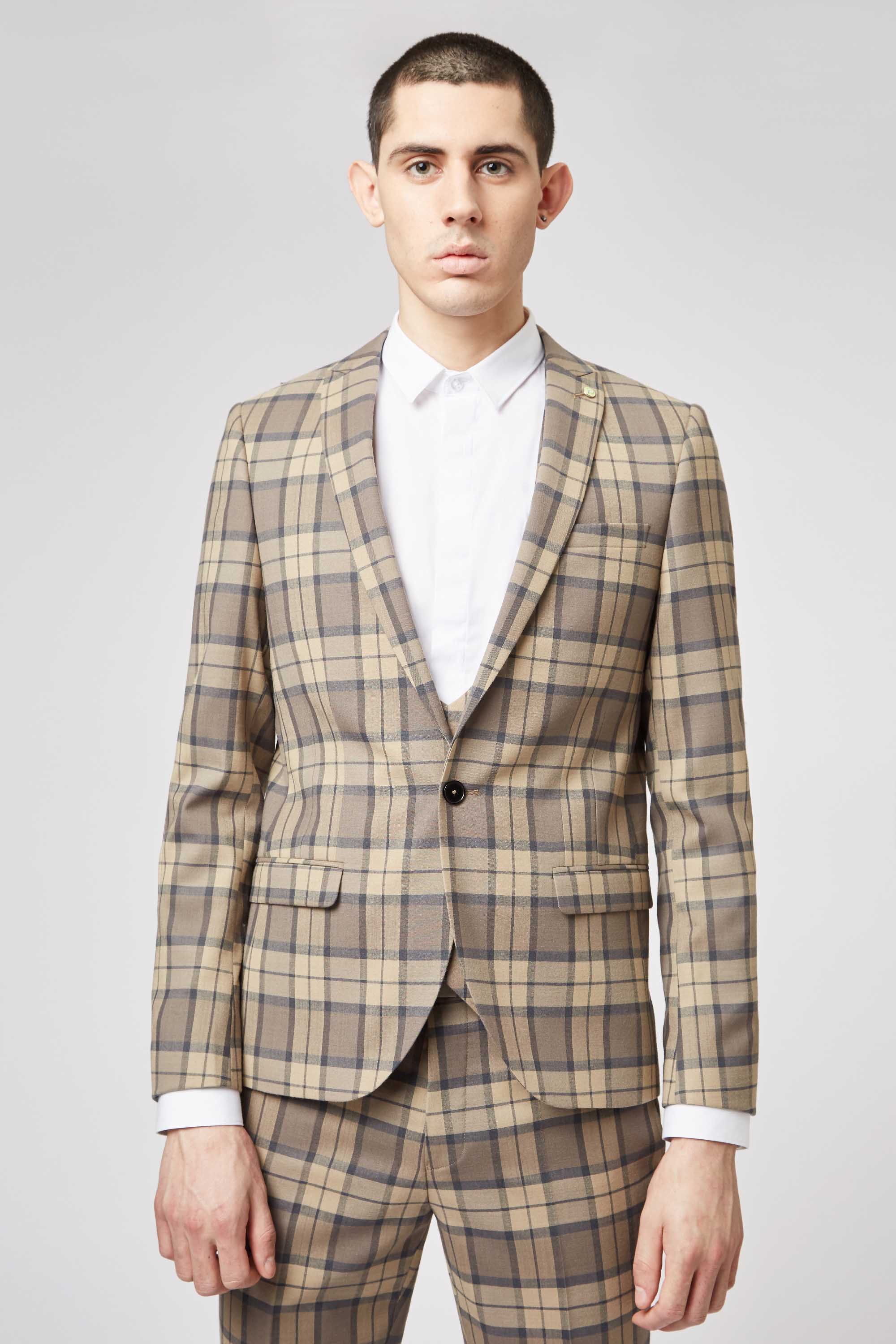 GINGER SKINNY FIT TARTAN JACKET IN TAN