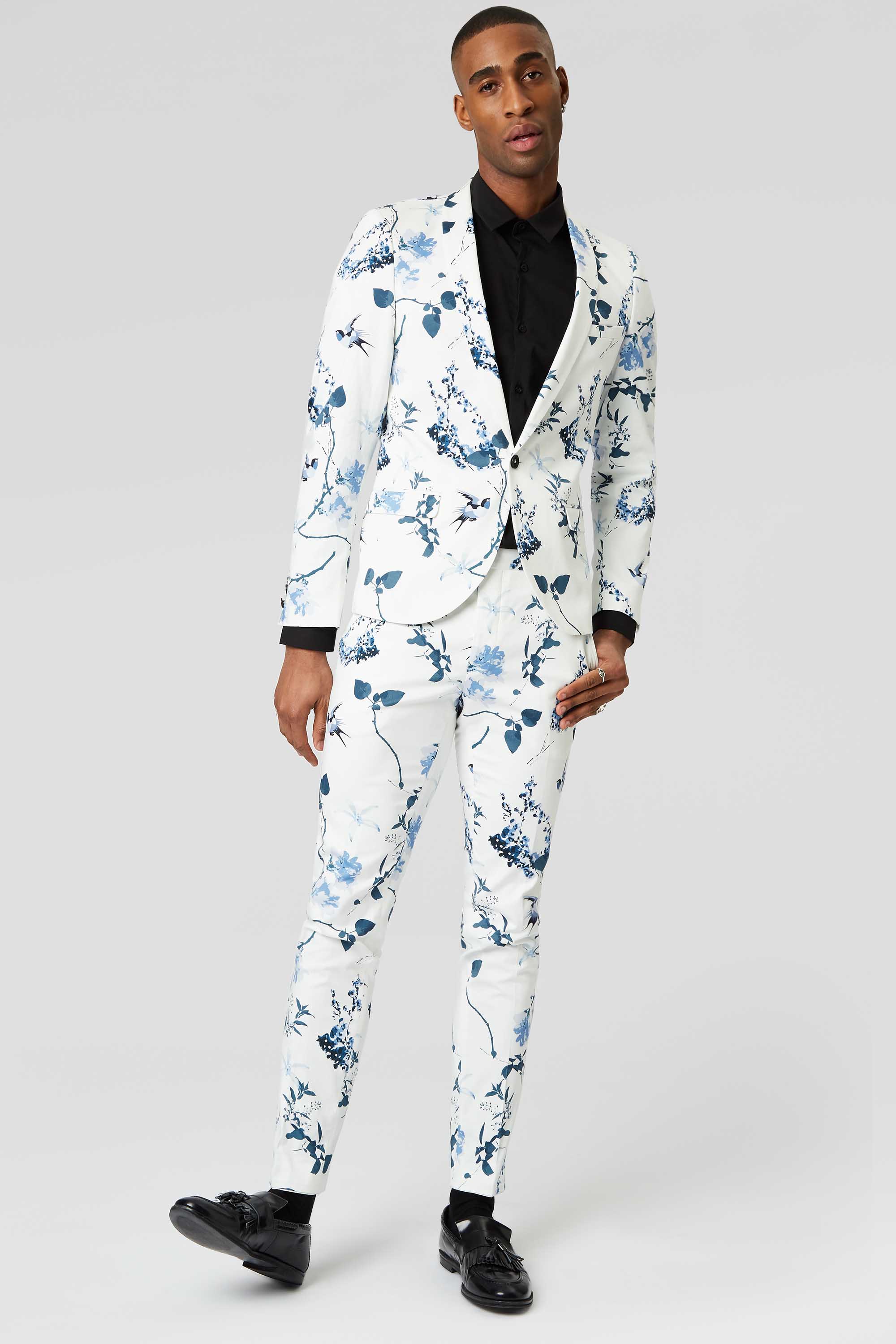 POM SKINNY FIT WHITE SUIT JACKET WITH FLORAL PRINT