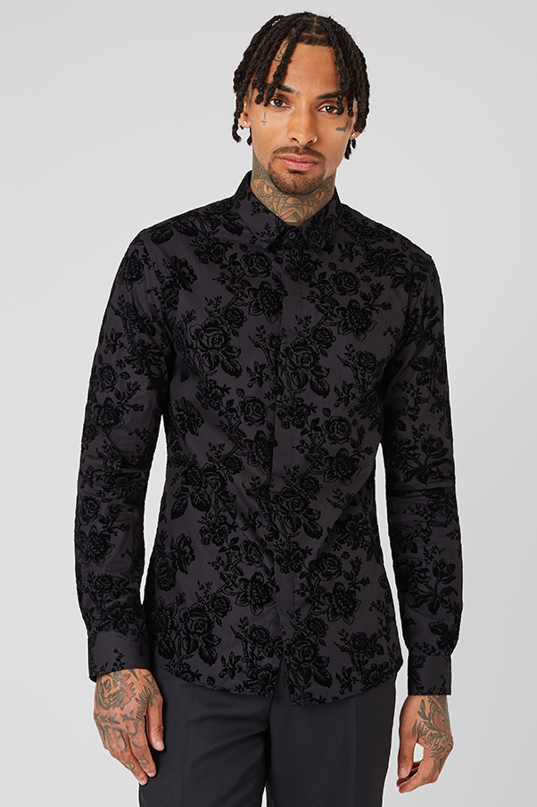 PRYOR SKINNY FIT BLACK shirt WITH BAROQUE FLOCK AND FOIL PRINT